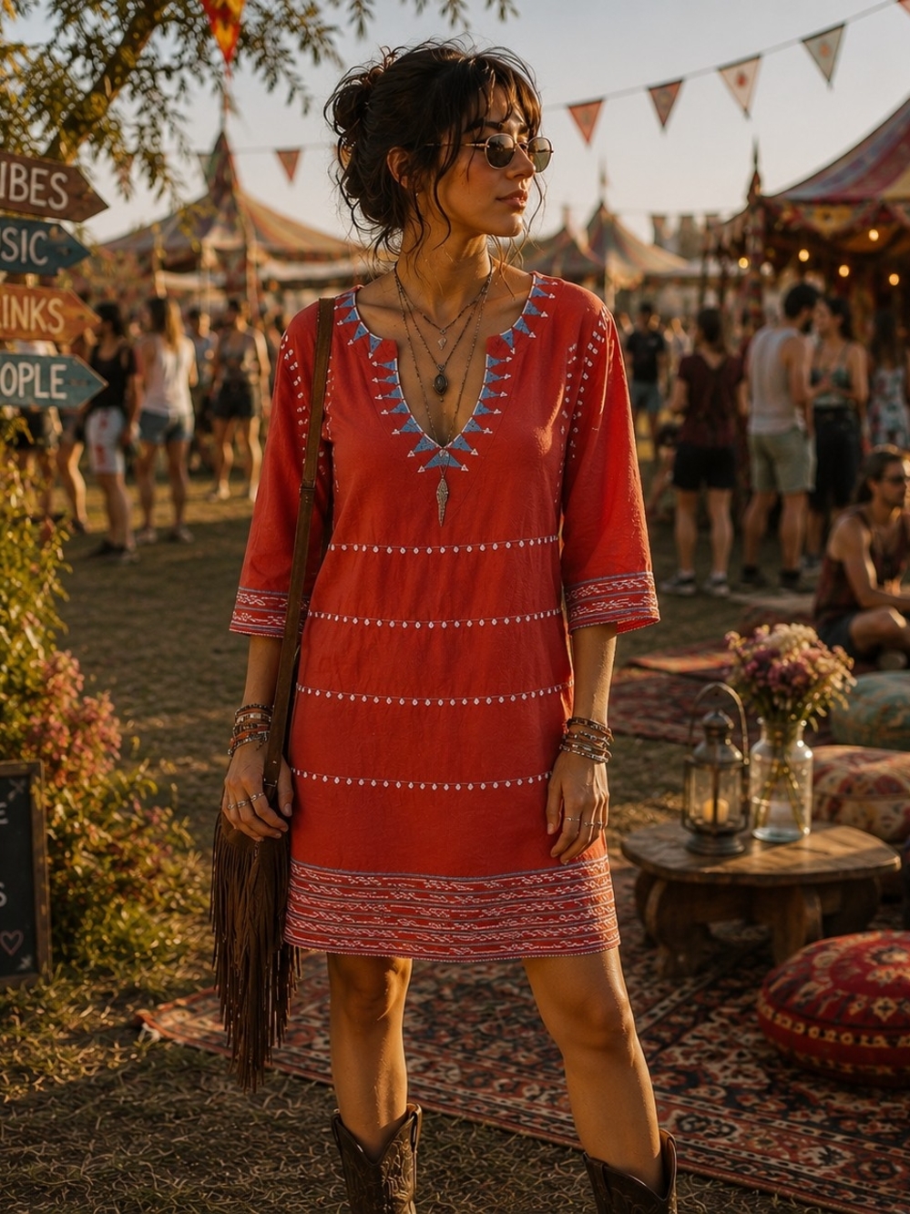 Orange Boho Tunic Dress Embroidered Festival Resort Mini Size M Southwestern